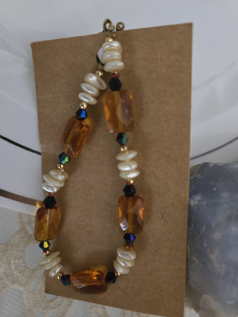 4/$15 Vintage 1950s Amber Bead & Faux Pearl Bracelet Boho Cottagecore Jewelry